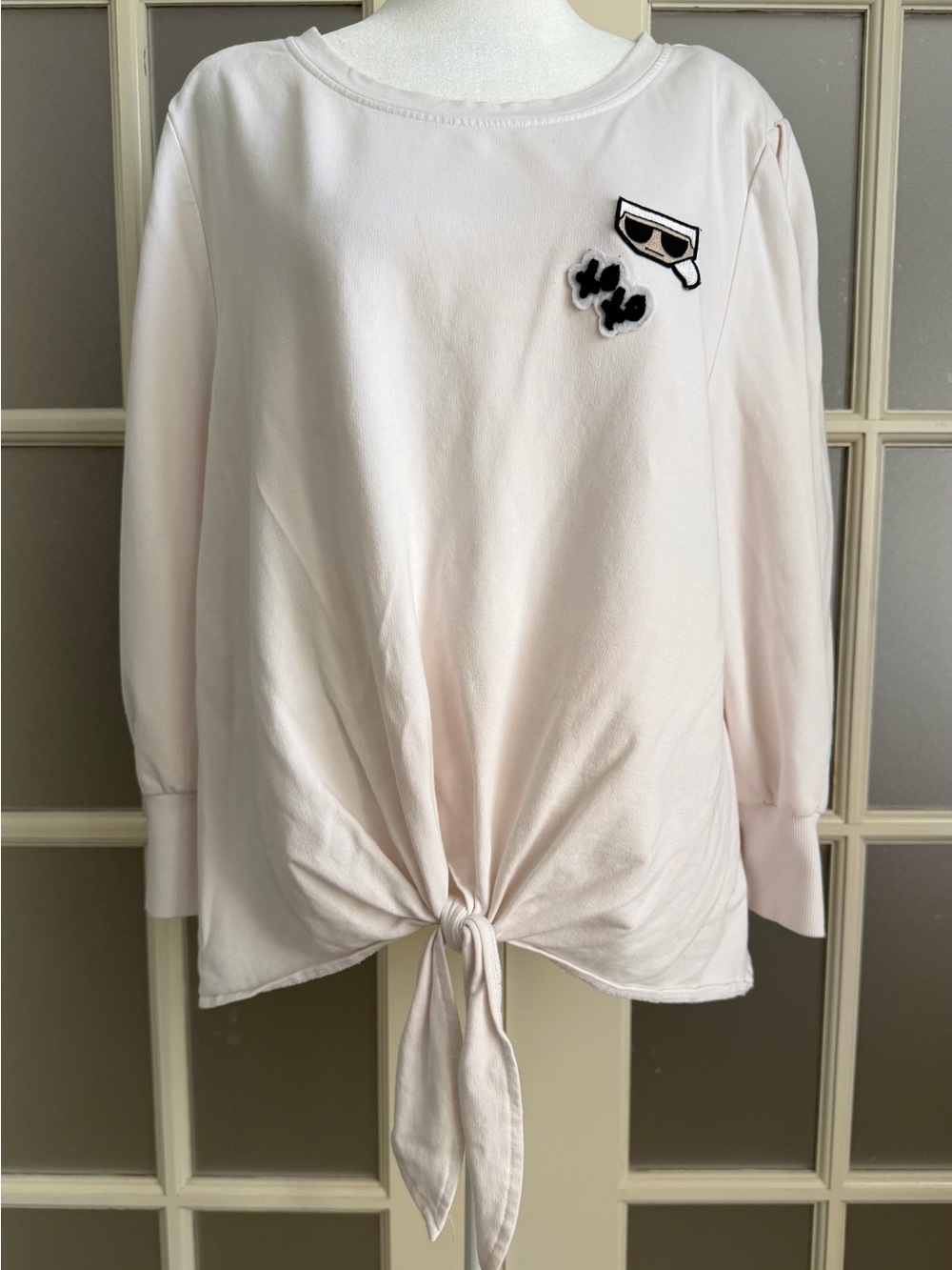 Karl Largerfeld Tie-Front Long Sleeve Top with Patch Detail Off-white
